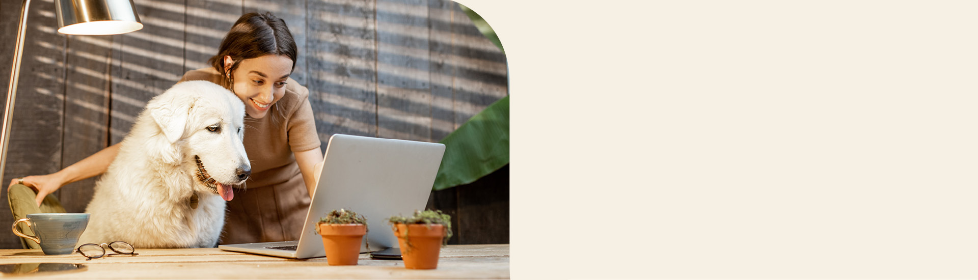 Startseitenslider - Frau sitzt mit ihrem Hund vor einem Laptop Startseitenslider - Frau sitzt mit ihrem Hund vor einem Laptop